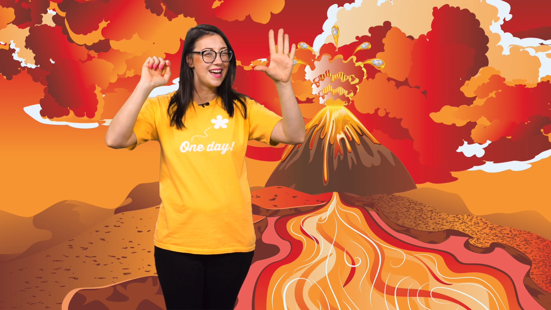 Woman stands in front of a cartoon volcano erupting. She raises her hands and smiles to the camera mid-song.