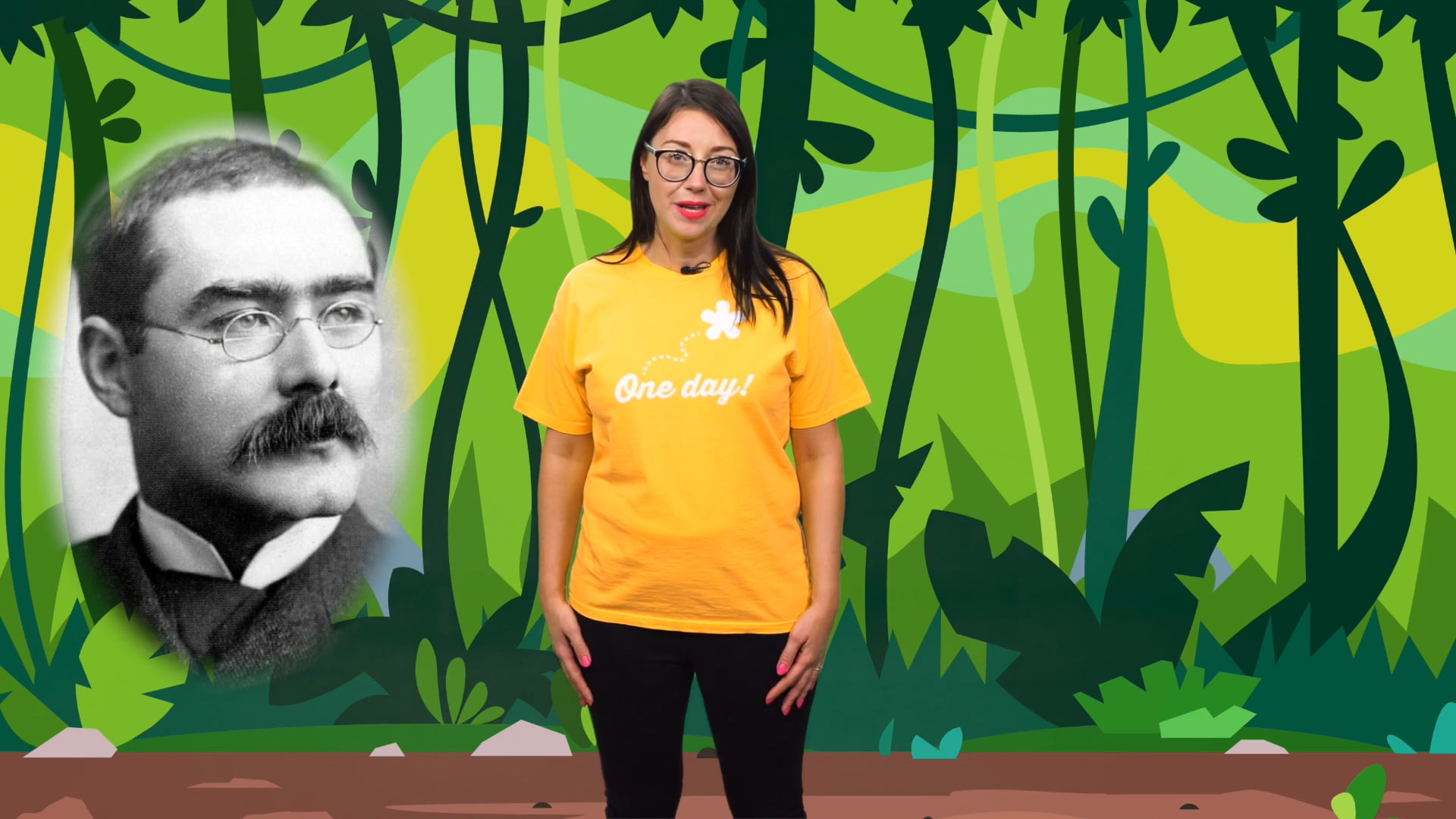 Woman stands in front of cartoon jungle with black-and-white headshot of Rudyard Kipling next to her.