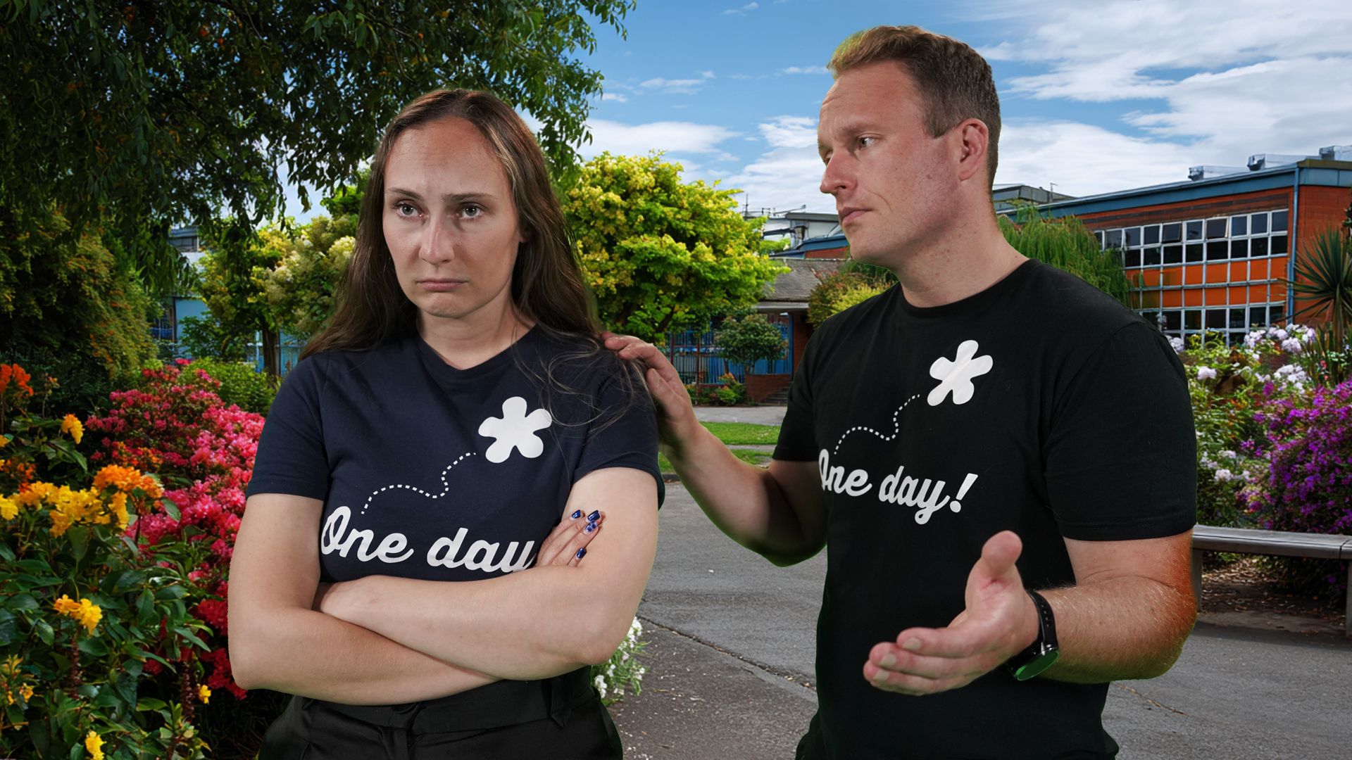 Woman looks unhappy as man touches shoulder to reach out